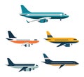 Four commercial airplanes in different colors isolated on white. Modern passenger aircraft, side view, flat design