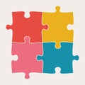 Four connected jigsaw puzzle parts. Infographic template with matching pieces. Teamwork concept.