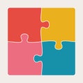 Four connected jigsaw puzzle parts. Infographic template with matching pieces. Teamwork concept.