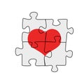 Four connected puzzle pieces with a heart on it, vector illustration on white