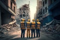 Four construction workers or rescue workers on a street in a big city completely destroyed by an earthquake