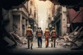 Four construction workers or rescue workers on a street in a big city completely destroyed by an earthquake.