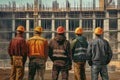 Four construction workers stand in front of a bustling construction site. They wear safety gear, hardhats, and workwear uniforms.