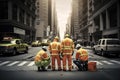 Four construction workers on a street in a big city.