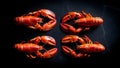 Four cooked lobsters arranged on dark black surface Royalty Free Stock Photo