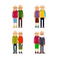 Four couple older people. People stand in pairs. Elderly man and woman stand together and hug each other. Set illustration