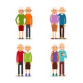 Four couple older people. People stand in pairs. Elderly man and woman stand together and hug each other. Set illustration