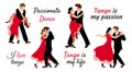 Four couples in different poses dance tango. Man and woman dancing passionate dance in flat style. Vector illustration for Royalty Free Stock Photo