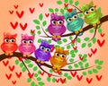 Four couples of owls sitting on branches. Nice elements for scrapbook, greeting cards, invitations, Valentine\'s cards etc Royalty Free Stock Photo