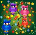 Four couples of owls sitting on branches. Nice elements for scrapbook, greeting cards, invitations, Valentine\'s cards etc Royalty Free Stock Photo