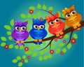 Four couples of owls sitting on branches. Nice elements for scrapbook, greeting cards, invitations, Valentine\'s cards etc Royalty Free Stock Photo