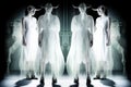 Four cows in long white dresses stand , concept of Bovine beauty, created with Generative AI technology Royalty Free Stock Photo