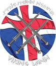 Four crossed Viking's sword on the background of the Icelandic flag and inscriptions runes