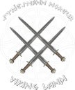 Four crossed the Viking's sword in the background of the Scandinavian pattern and the inscription in runes in Icelandic