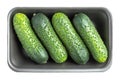 Four cucumbers in the black plastic container isolated on white Royalty Free Stock Photo