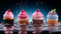 Four Cupcakes With Unique Designs In Water Splashing