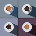 Four cups of coffee on a saucer with a falling shadow  in different colors. Dark coffee, coffee with milk.  Flat style illustratio Royalty Free Stock Photo