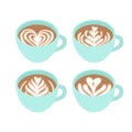 Four cups. Different drawings on coffee foam.