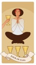 Four of Cups. Tarot cards. Young man in an attitude of meditation and prayer, levitating over three golden cups Royalty Free Stock Photo