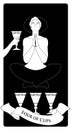 Four of Cups. Tarot cards. Young man in an attitude of meditation and prayer, levitating over three golden cups and ignoring the c