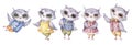 Four cute aquarelle owls, set in childish style