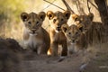 Four cute baby lion cubs looking with curious eyes at savanna grassland in the afternoon, protecting wildlife and biodiversity