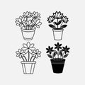 Four Cute Black and White Flower Pot Illustrations. Royalty Free Stock Photo