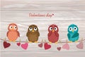 Four cute colored owlet sitting on a string. A red hearts with a