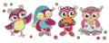 Four cute colorful cartoon owls