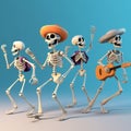 Four cute dancing white skeletons in white hats, with a guitar