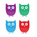 Four cute owls of different colors Royalty Free Stock Photo
