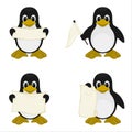 Four cute penguins with signs Royalty Free Stock Photo