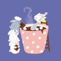 Four Cute Rabbits Make Hot Chocolate with Marshmallow. Vector Illustration