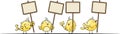 Four cute yellow birds with blank sign boards