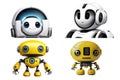 Four cute yellow and white robots are smiling. With a round head and a cubic body on a transparent background