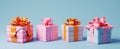 four 3d renders showing presents on a blue background