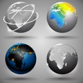 Four decorative globes with silhouettes of the continents. Realistic illustration Royalty Free Stock Photo