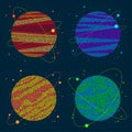 Four decorative planets consisting of dots