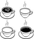 Four designs of coffee or tea cup, ink style, graphic or sketch style hand-drawn black and white vector illustration