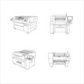 Four detailed line art illustrations of industrial large format printers are showcased here, each presented from a distinct angle, Royalty Free Stock Photo