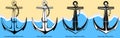 Four different Admiralty Pattern anchors outline on the beach background