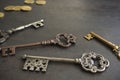 Four Vintage Keys & Coins Royalty Free Stock Photo