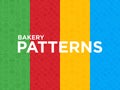 Four different Bakery seamless patterns with thin line icons: toast bread, pancakes, flour, croissant, donut, pretzel, cookies,