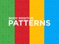 Four different Body positive seamless patterns with thin line icons: woman plus size, yoga, bikini, armpit hair, legs hair, mirror