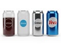 Four different cans of soda lined up side by side with unique designs and colors isolated on white background Royalty Free Stock Photo