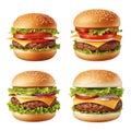 Four different cheeseburgers arranged in a grid on white backgro Royalty Free Stock Photo