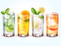 Four different cocktails. Illustration of refreshing classical drinks in transparent glasses. A row of summer cocktails on a light Royalty Free Stock Photo