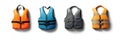 Four different colored life jackets on white background for safety equipment comparison Royalty Free Stock Photo