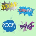 Four different colorful sound effects comics, boom, crash, poof