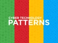 Four different Cyber technology seamless patterns with thin line icons: ai, virtual reality glasses, bionics, robotics, global